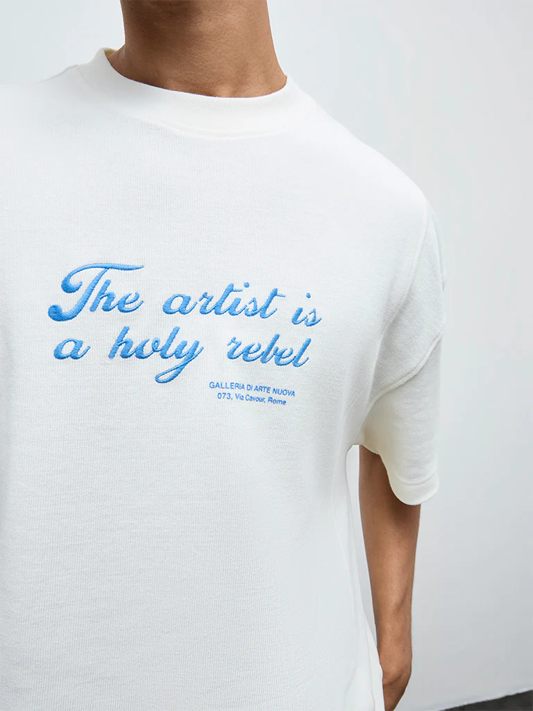 Nuon Off-White Embroidered Relaxed-Fit Cotton T-Shirt - Image 3