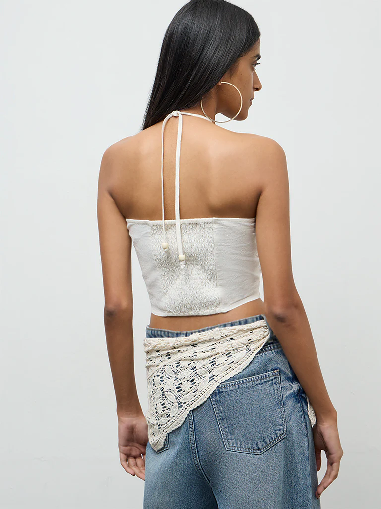 Nuon Off-White Floral Embroidered Linen Top - Image 4