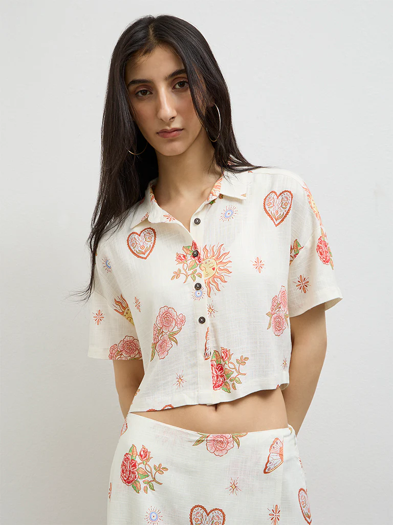 Nuon Off-White Floral Printed Shirt