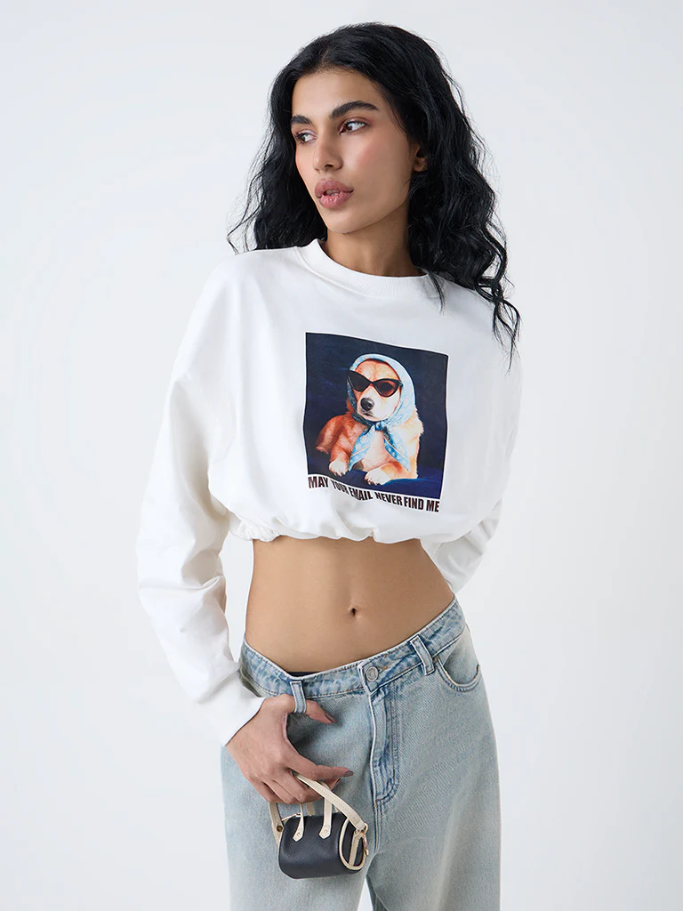 Nuon Off-White Graphic Design Crop Cotton T-Shirt - Image 2