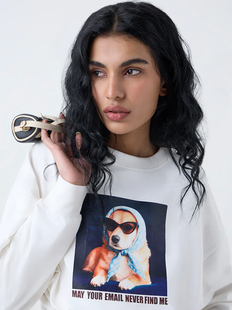 Nuon Off-White Graphic Design Crop Cotton T-Shirt - Image 3