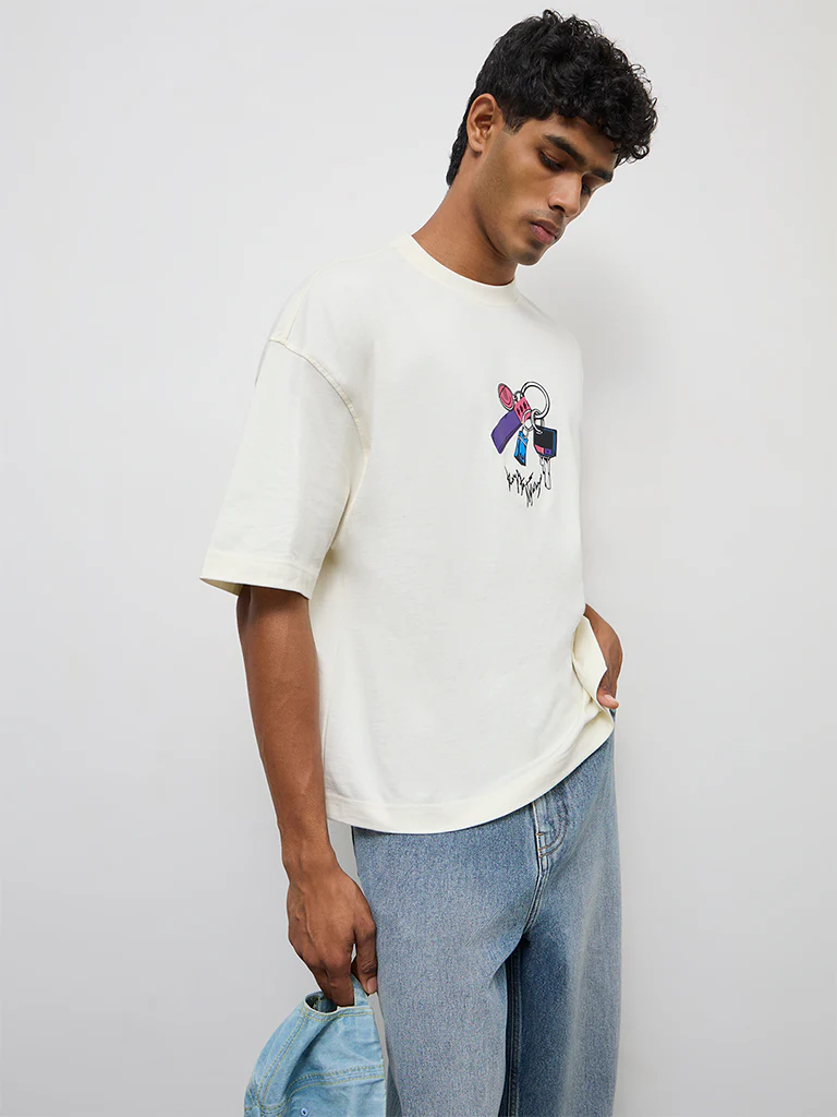 Nuon Off-White Graphic Printed Relaxed-Fit Cotton T-Shirt - Image 2