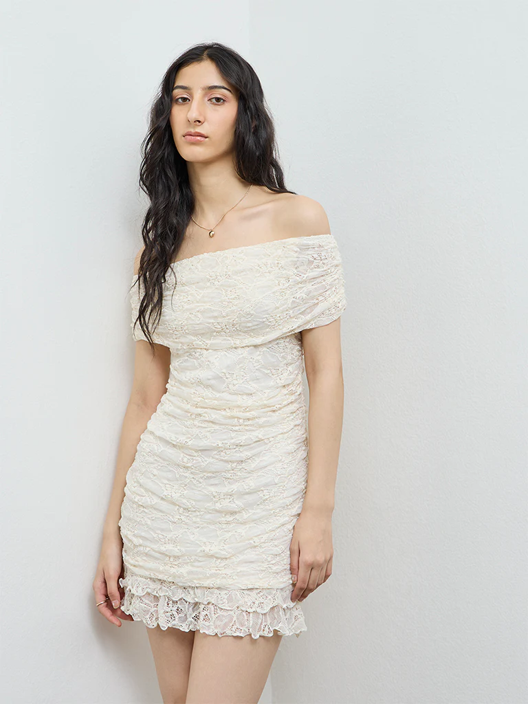 Nuon Off-White Lace-Textured Bodycon Dress - Image 2