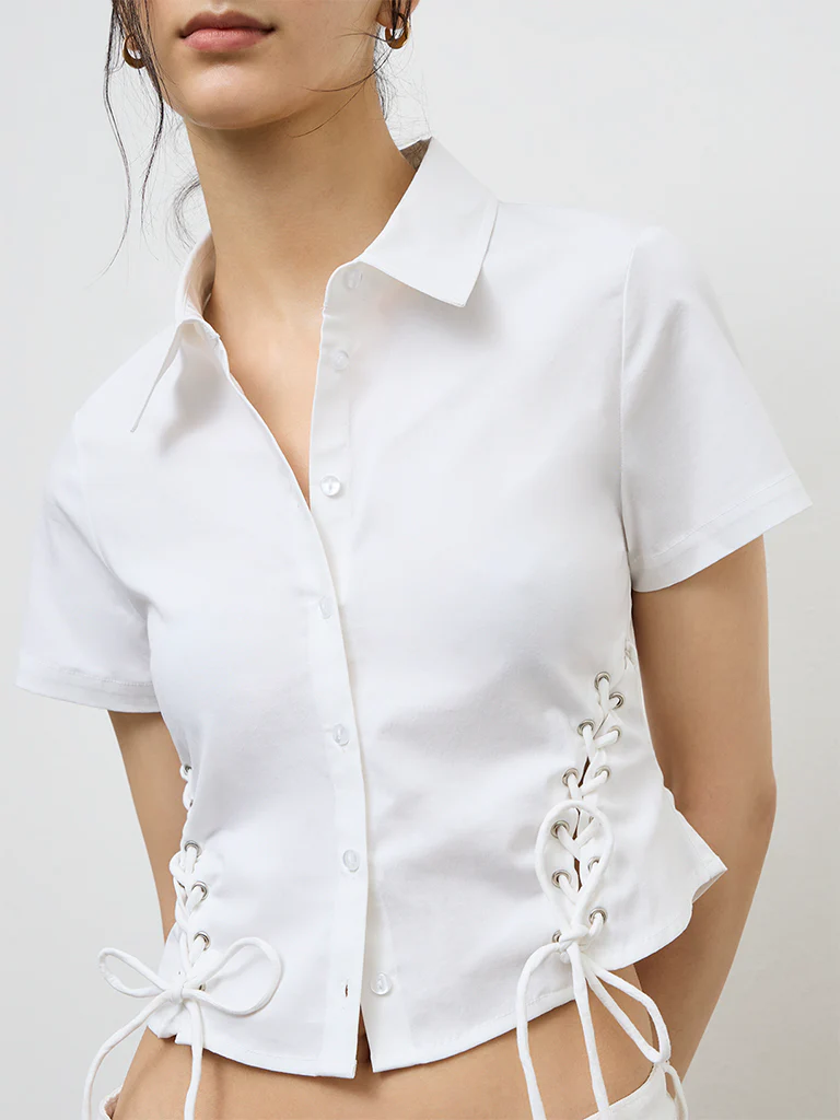 Nuon Off-White Lace-Up Detailed Shirt - Image 3