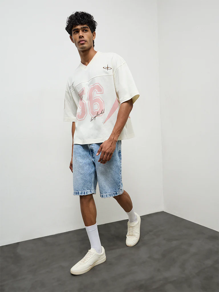 Nuon Off-White Numerical Print Oversized-Fit Cotton T-Shirt - Image 2