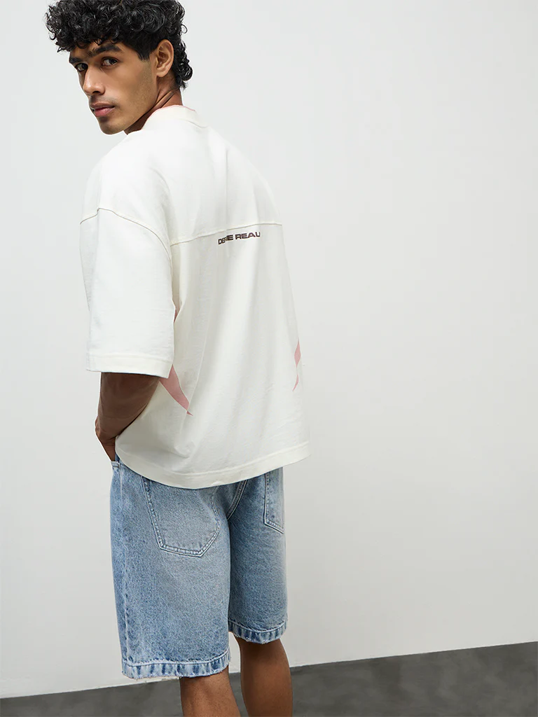 Nuon Off-White Numerical Print Oversized-Fit Cotton T-Shirt - Image 4