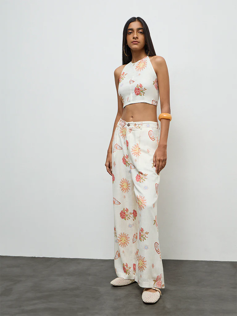Nuon Off-White Printed High-Rise Linen Trousers