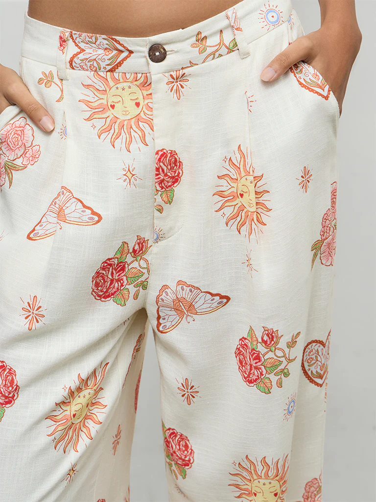 Nuon Off-White Printed High-Rise Linen Trousers - Image 3