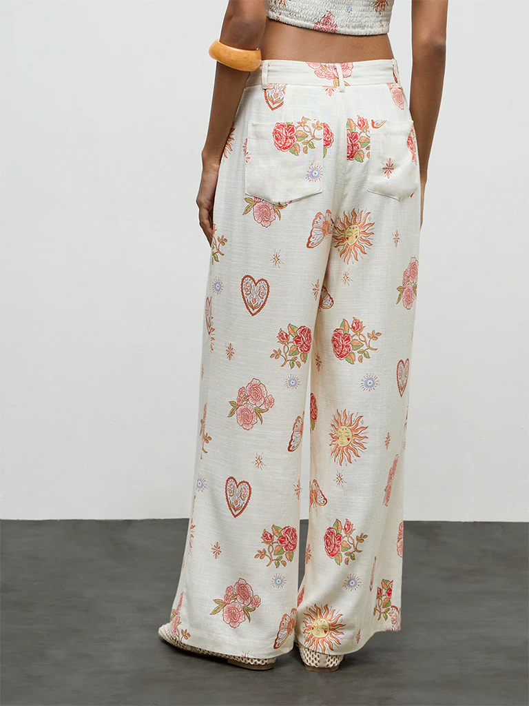 Nuon Off-White Printed High-Rise Linen Trousers - Image 4