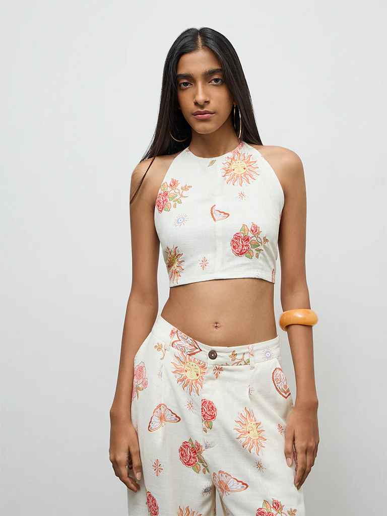 Nuon Off-White Printed Linen Top