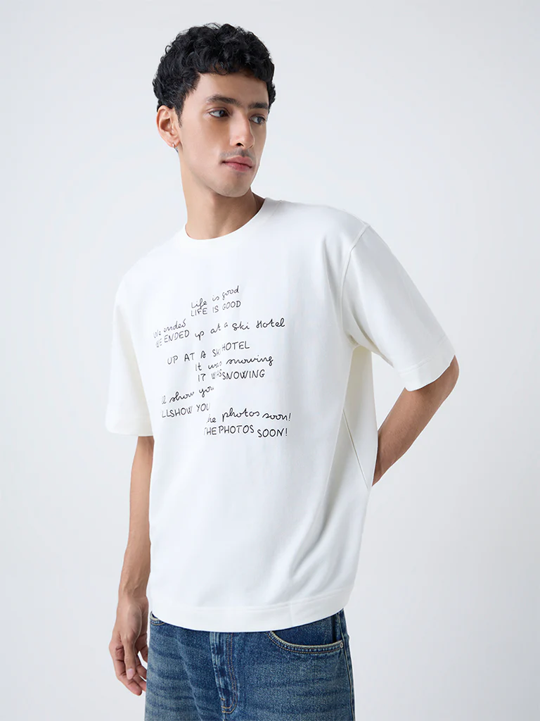 Nuon Off-White Printed Relaxed-Fit Cotton T-Shirt - Image 2