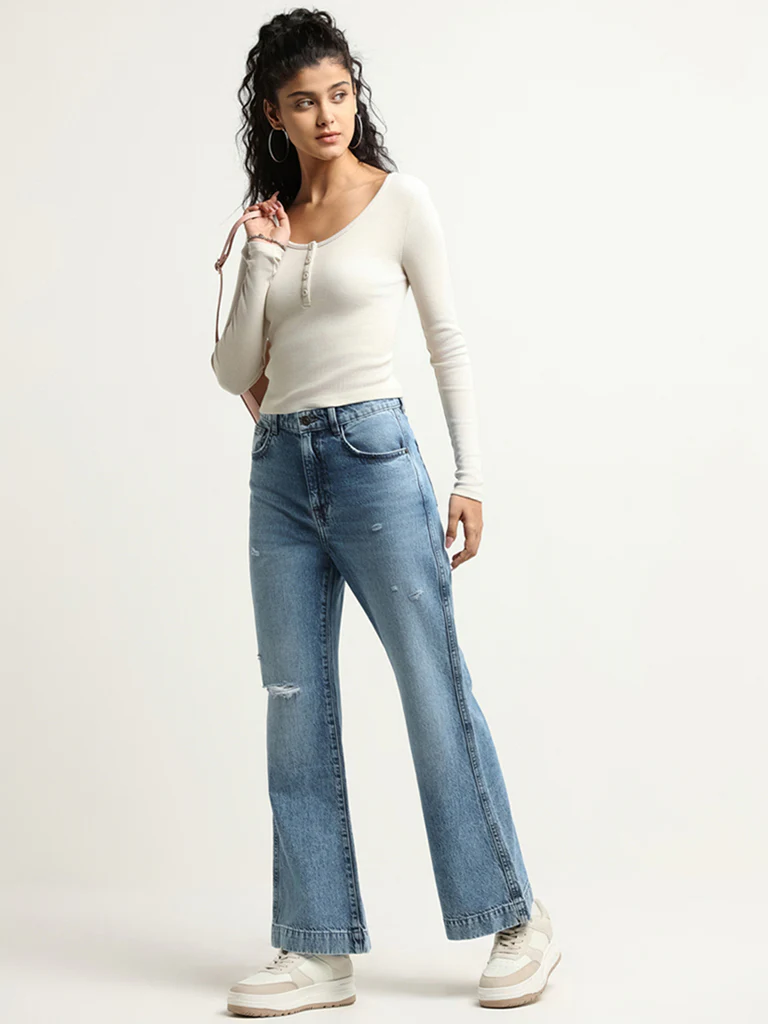 Nuon Off-White Ribbed Cotton-Blend Crop Top - Image 3