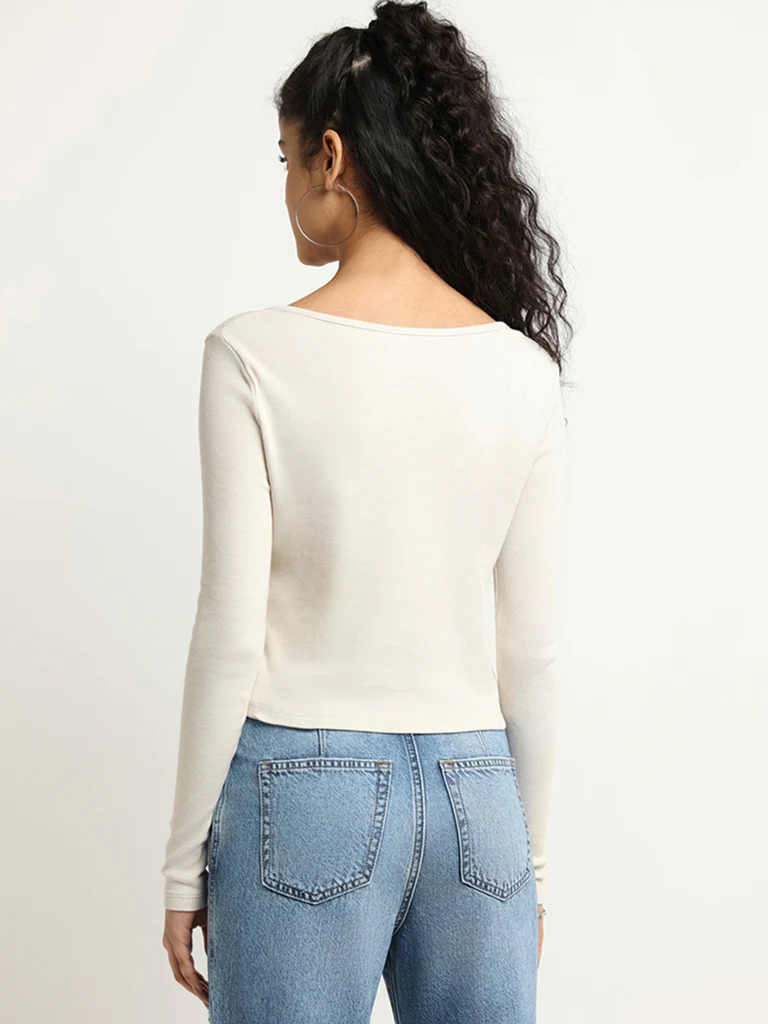Nuon Off-White Ribbed Cotton-Blend Crop Top - Image 4