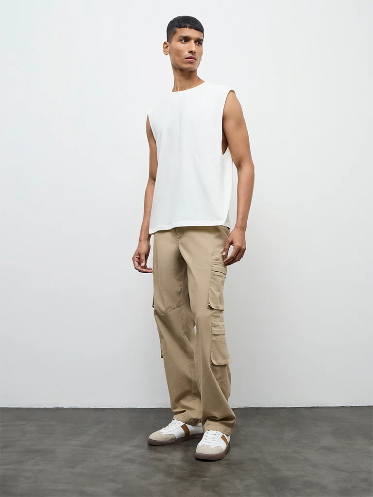 Nuon Off-White Solid Relaxed Fit Cotton T-Shirt