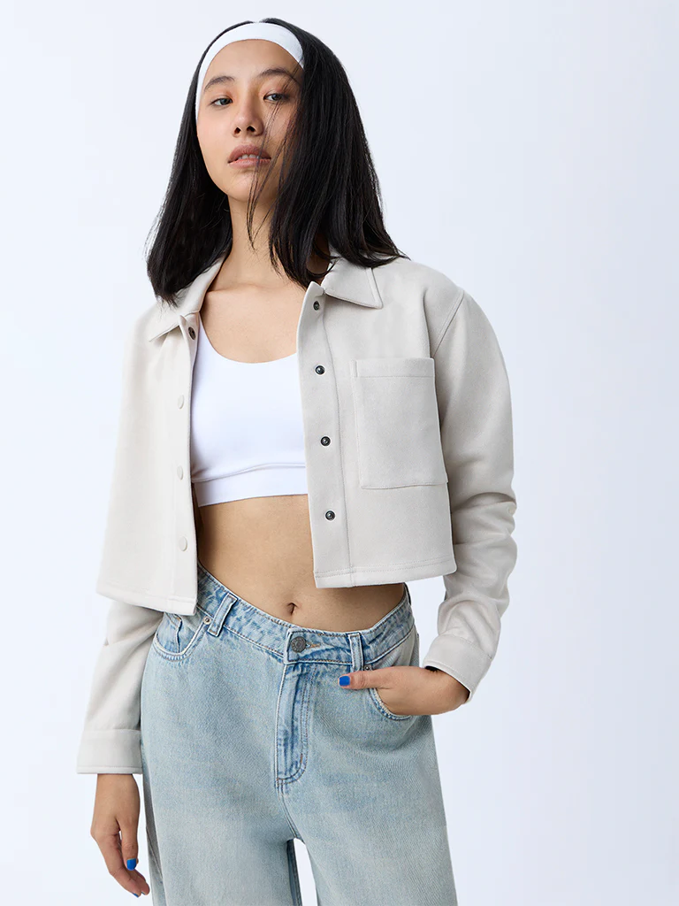 Nuon Off-White Solid Suede Jacket - Image 2