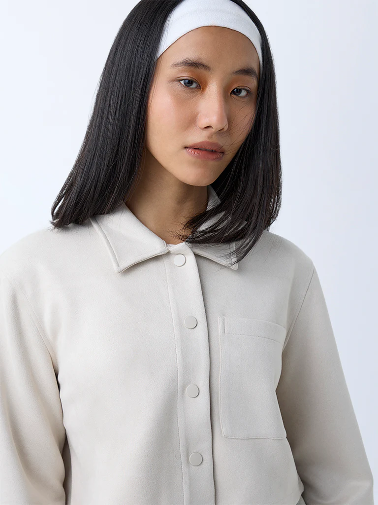 Nuon Off-White Solid Suede Jacket - Image 3