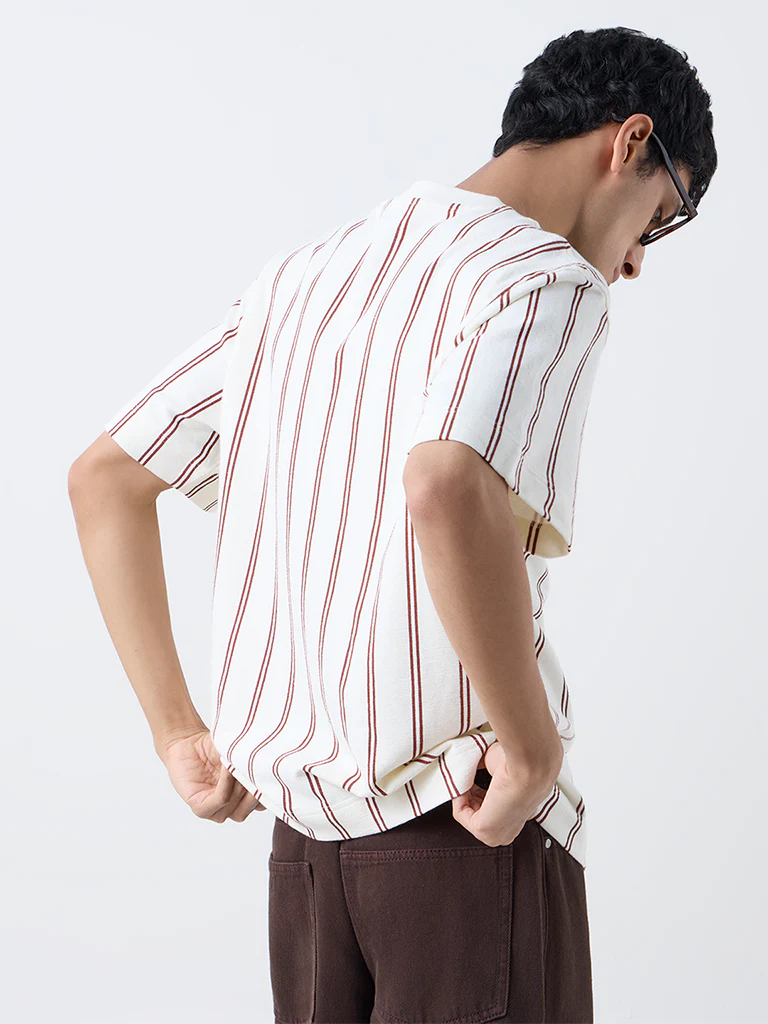 Nuon Off-White Striped Relaxed-Fit Cotton T-Shirt - Image 4