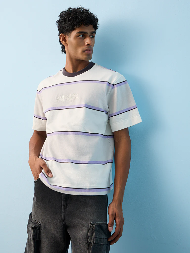 Nuon Off-White Striped Relaxed-Fit Cotton T-Shirt - Image 2