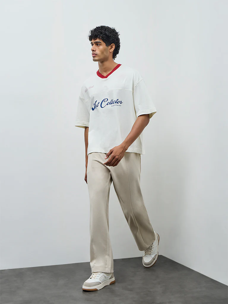 Nuon Off-White Text Design Oversized-Fit Cotton T-Shirt - Image 2