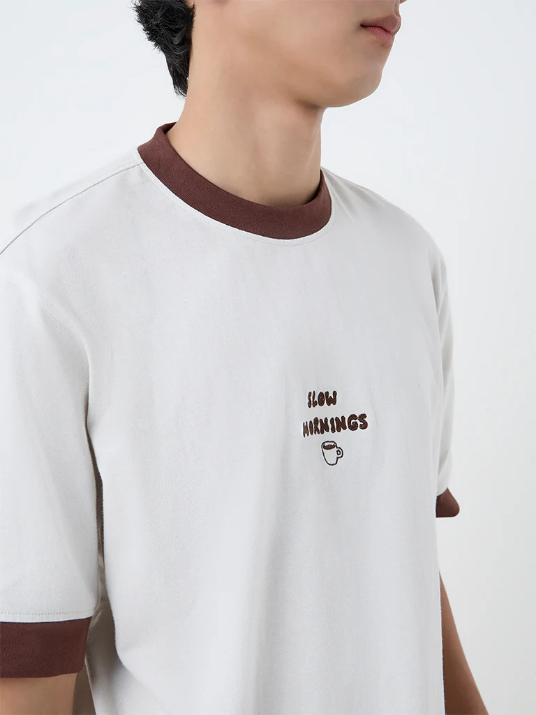 Nuon Off-White Text Design Relaxed-Fit Cotton T-Shirt - Image 3