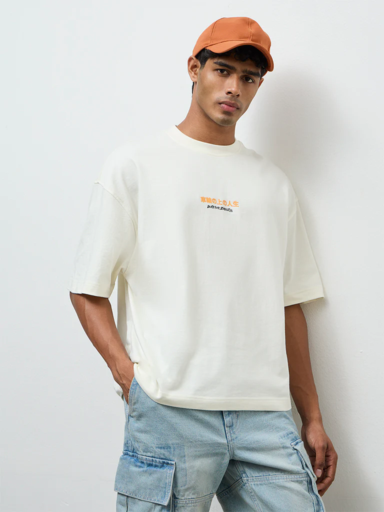 Nuon Off-White Text Printed Oversized Cotton T-Shirt