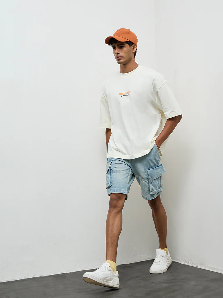 Nuon Off-White Text Printed Oversized Cotton T-Shirt - Image 2