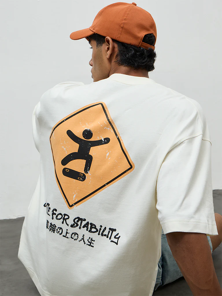 Nuon Off-White Text Printed Oversized Cotton T-Shirt - Image 3