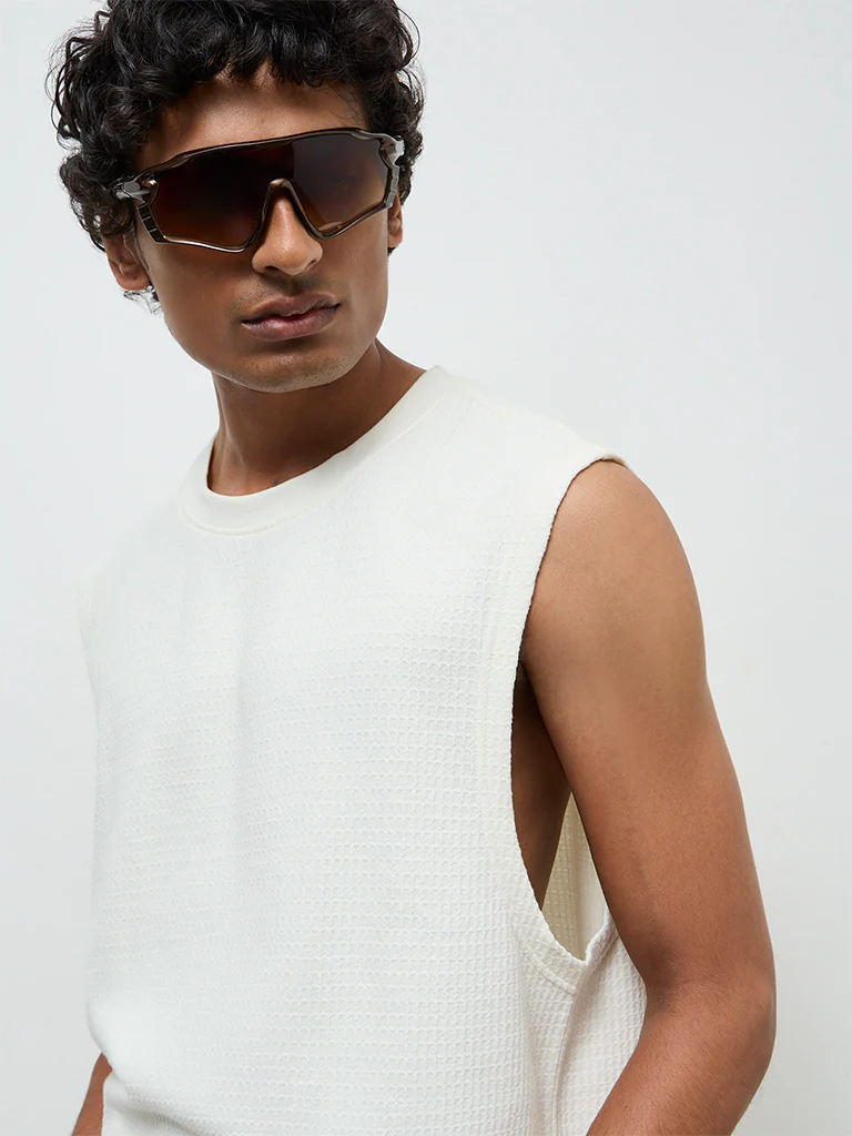 Nuon Off-White Textured Relaxed-Fit Cotton T-Shirt - Image 3