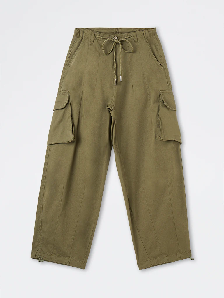 Nuon Olive Barrel-Fit High-Rise Cotton-Blend Trousers - Image 5