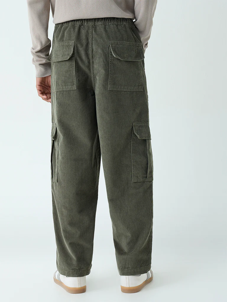 Nuon Olive Cargo-Style Relaxed-Fit Mid-Rise Corduroy Pants - Image 5