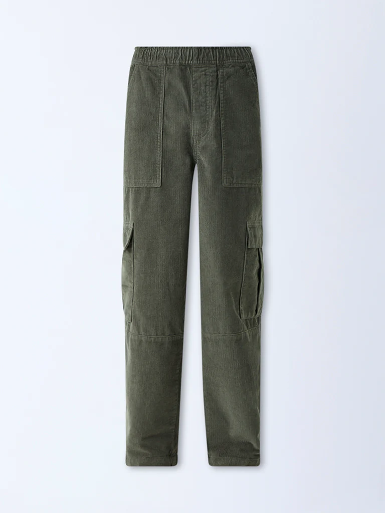 Nuon Olive Cargo-Style Relaxed-Fit Mid-Rise Corduroy Pants - Image 6