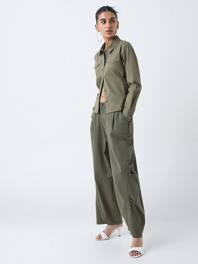 Nuon Olive Criss-Cross Detailed Cotton-Blend Shirt - Image 2
