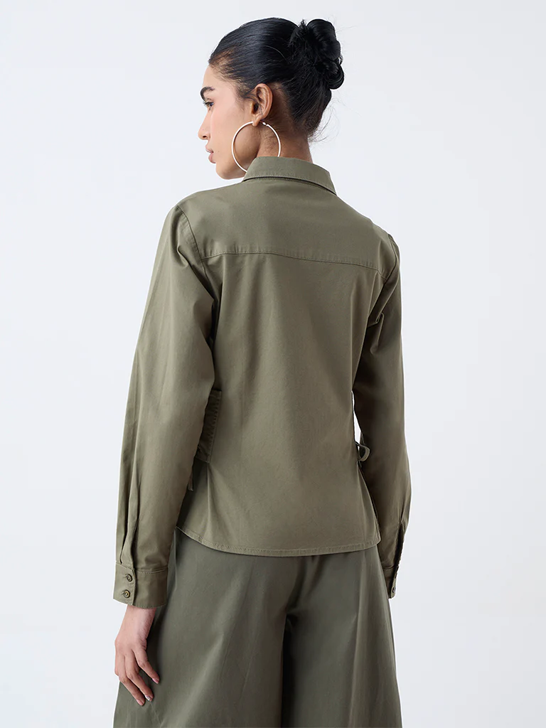 Nuon Olive Criss-Cross Detailed Cotton-Blend Shirt - Image 4
