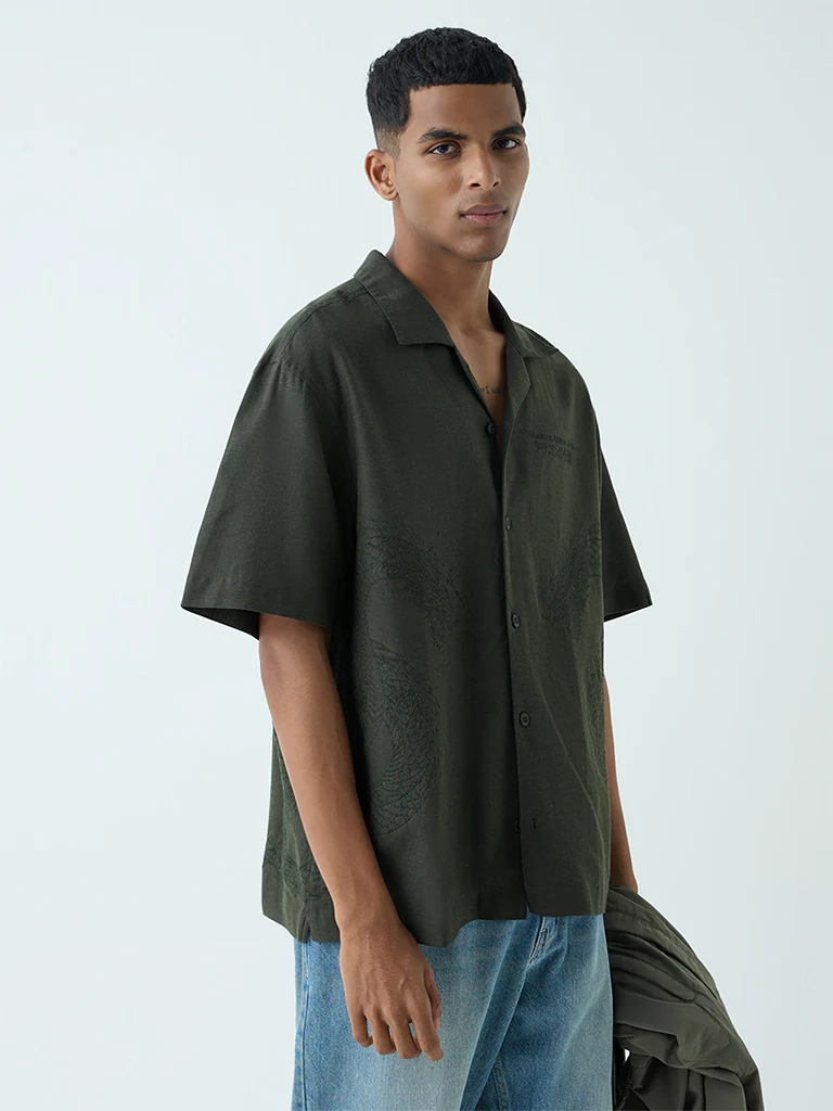 Nuon Olive Embroidered Relaxed Fit Shirt - Image 2