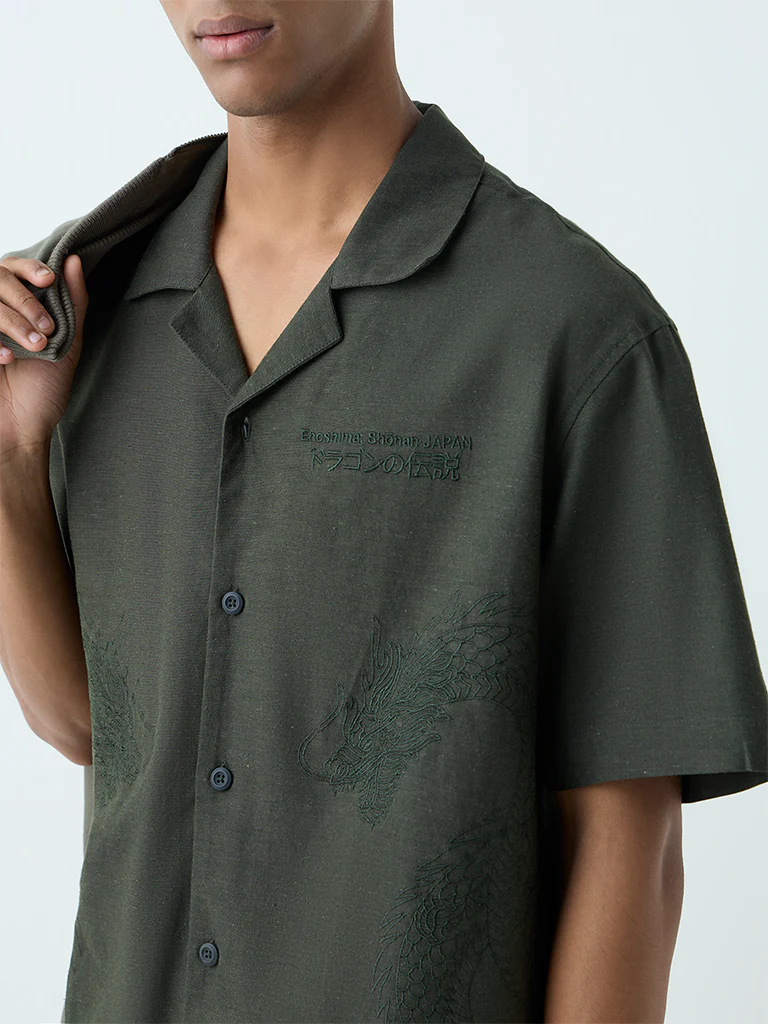 Nuon Olive Embroidered Relaxed Fit Shirt - Image 3