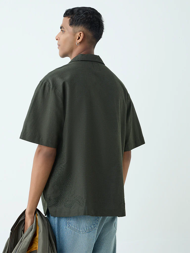 Nuon Olive Embroidered Relaxed Fit Shirt - Image 4