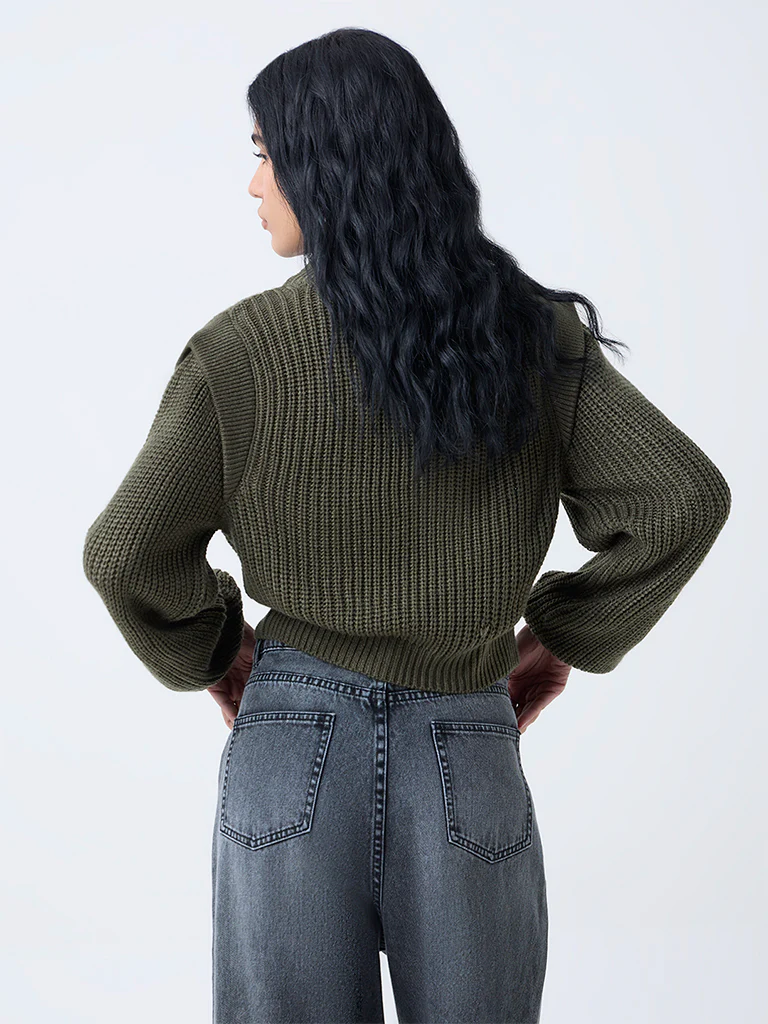 Nuon Olive Knit-Textured Sweater - Image 4