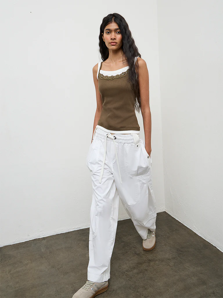 Nuon Olive Lace-Detailed Cotton-Blend Top - Image 2