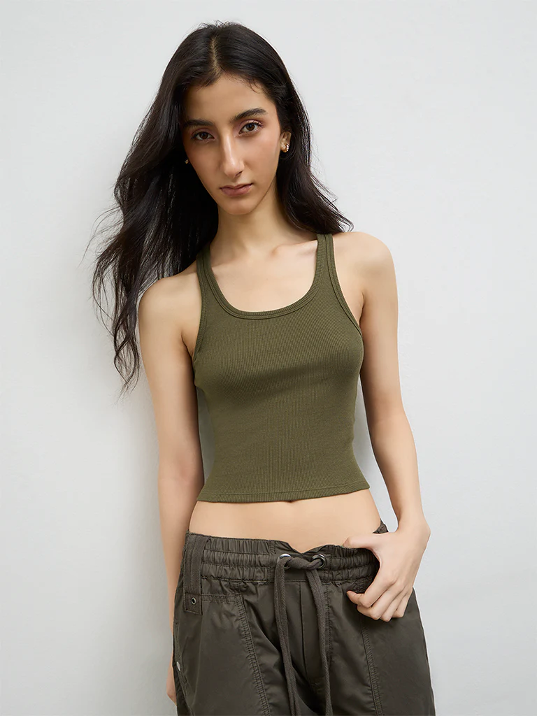 Nuon Olive Ribbed Cotton-Blend Top