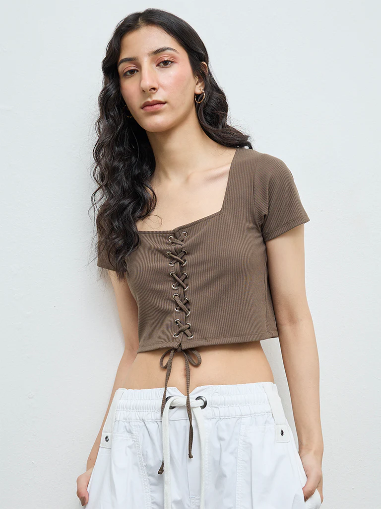 Nuon Olive Self-Striped Criss-Cross Detailed Cotton Top