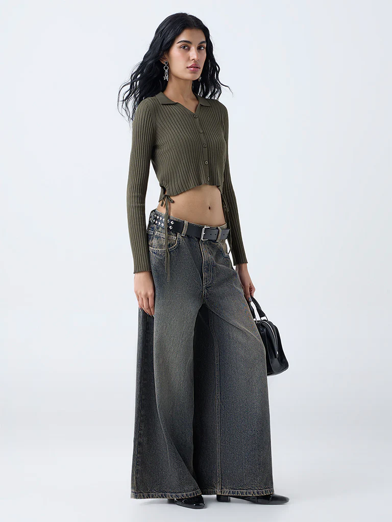 Nuon Olive Self-Striped Top