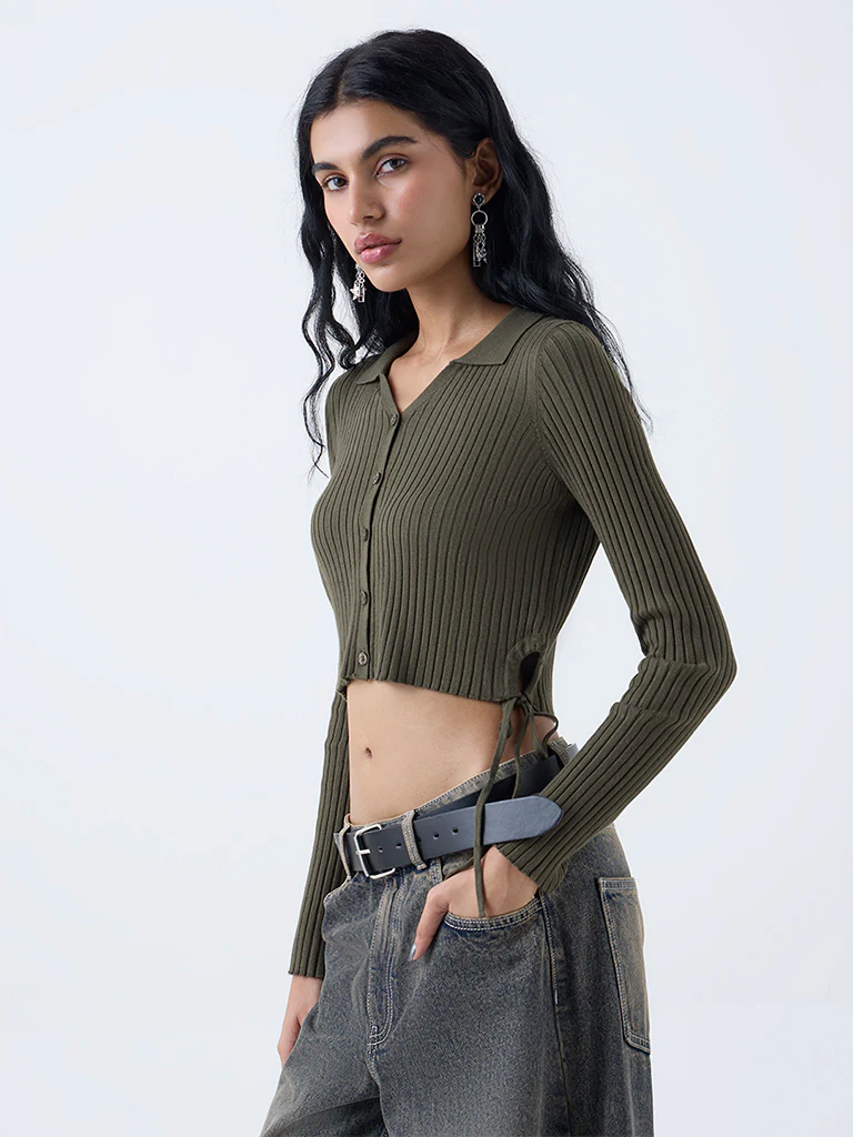 Nuon Olive Self-Striped Top - Image 2