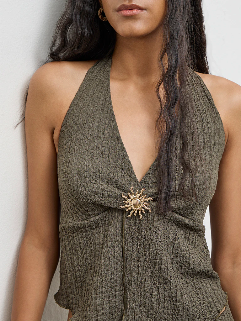 Nuon Olive Textured Halter-Neck Top - Image 3