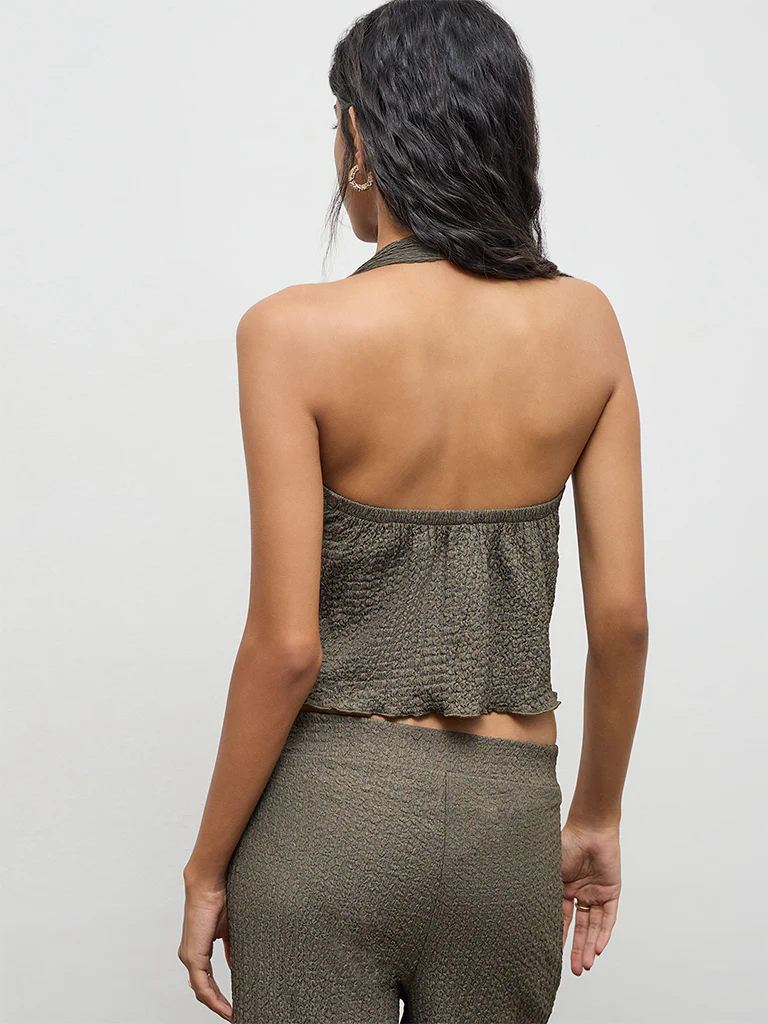 Nuon Olive Textured Halter-Neck Top - Image 4