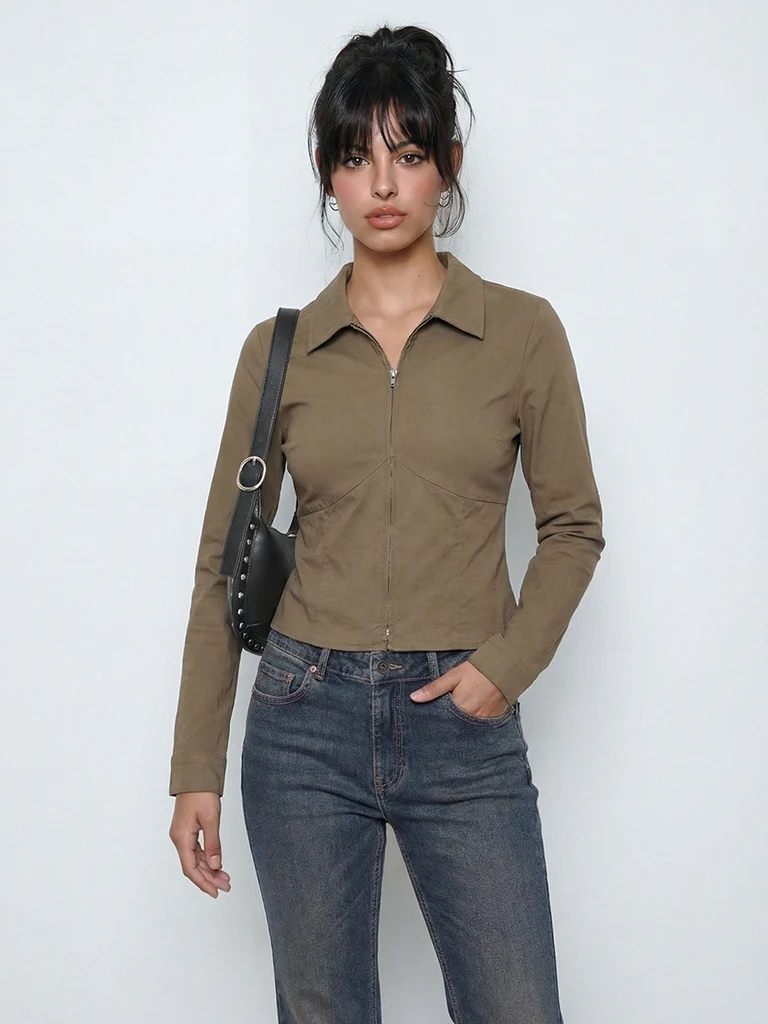 Nuon Olive Zip-Front Shirt