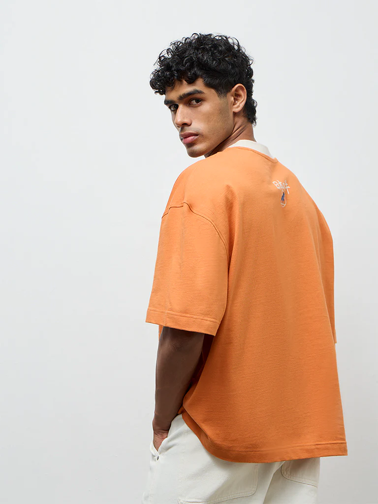 Nuon Orange Text Printed Cotton Oversized T-Shirt - Image 4