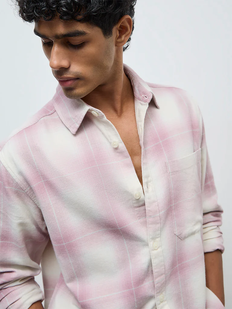Nuon Pink Checks Pattern Relaxed-Fit Cotton Shirt - Image 3