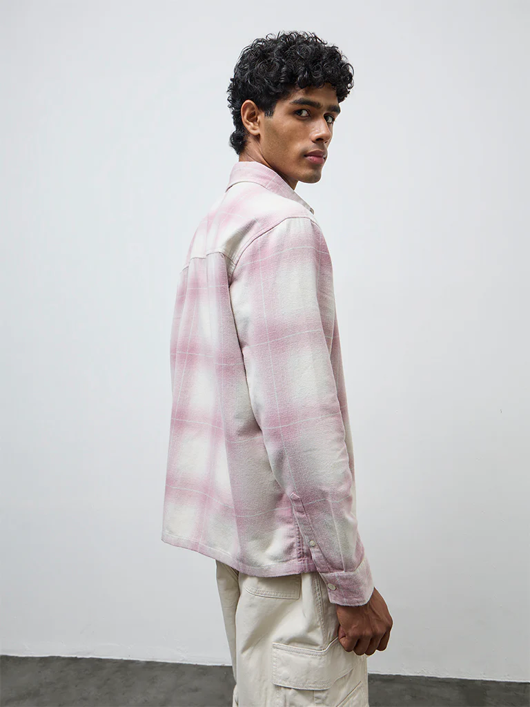 Nuon Pink Checks Pattern Relaxed-Fit Cotton Shirt - Image 4