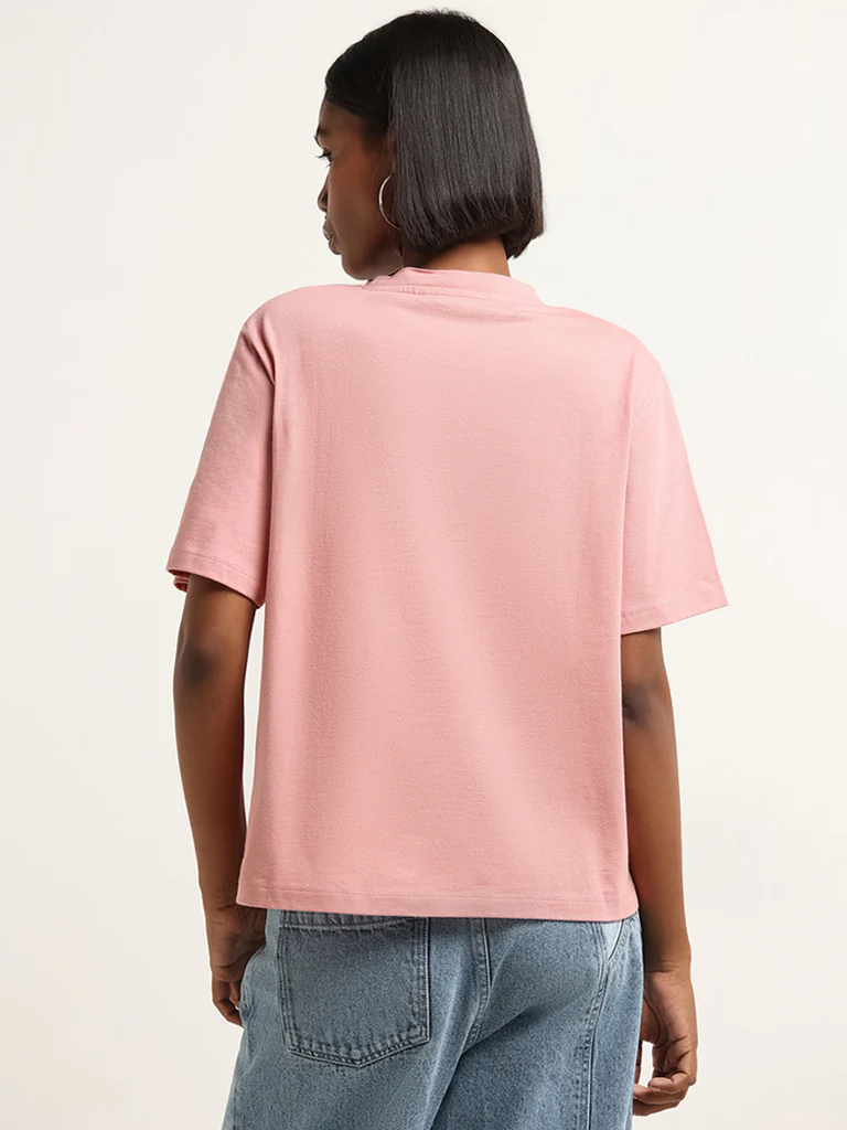 Nuon Pink Contrast Print Cotton Oversized T-Shirt - Image 4