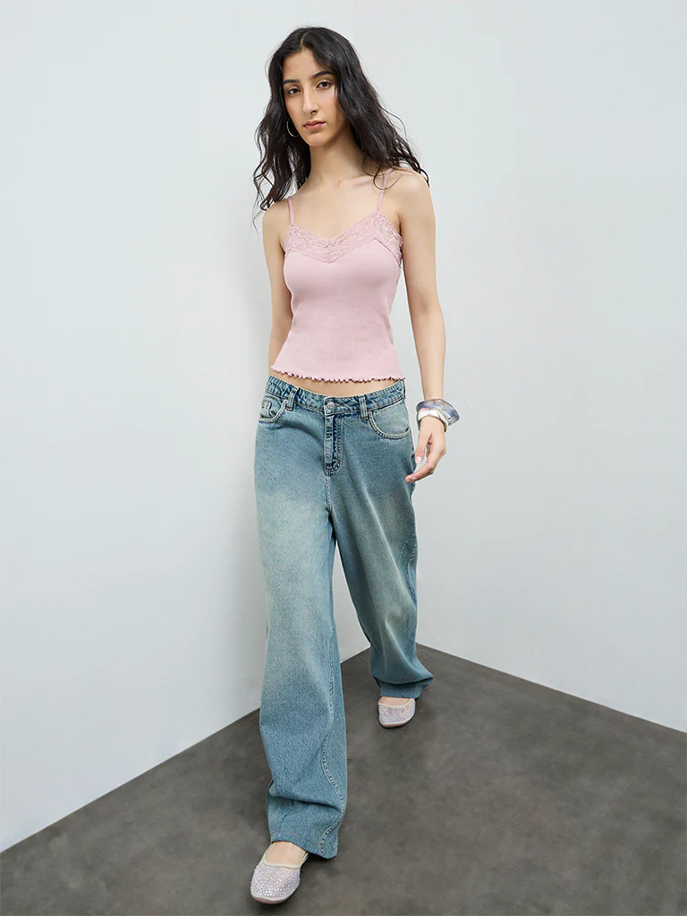Nuon Pink Lace Cotton-Blend Top - Image 2